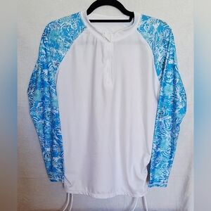 Banana Boat Women's UPF 50+ Rash Guard Sea Turtle Sun Shirt Blue White EUC - M